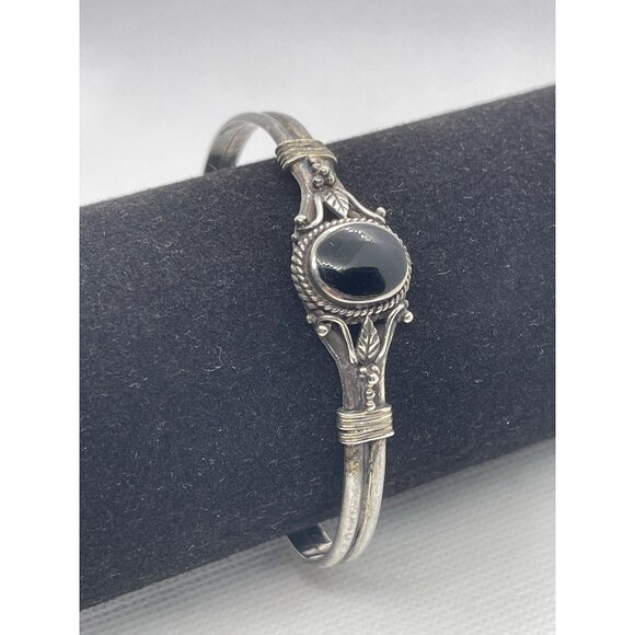 925 Sterling Silver Black Onyx Oval Cabochon Cuff Bracelet Native American VTG - Picture 2 of 16